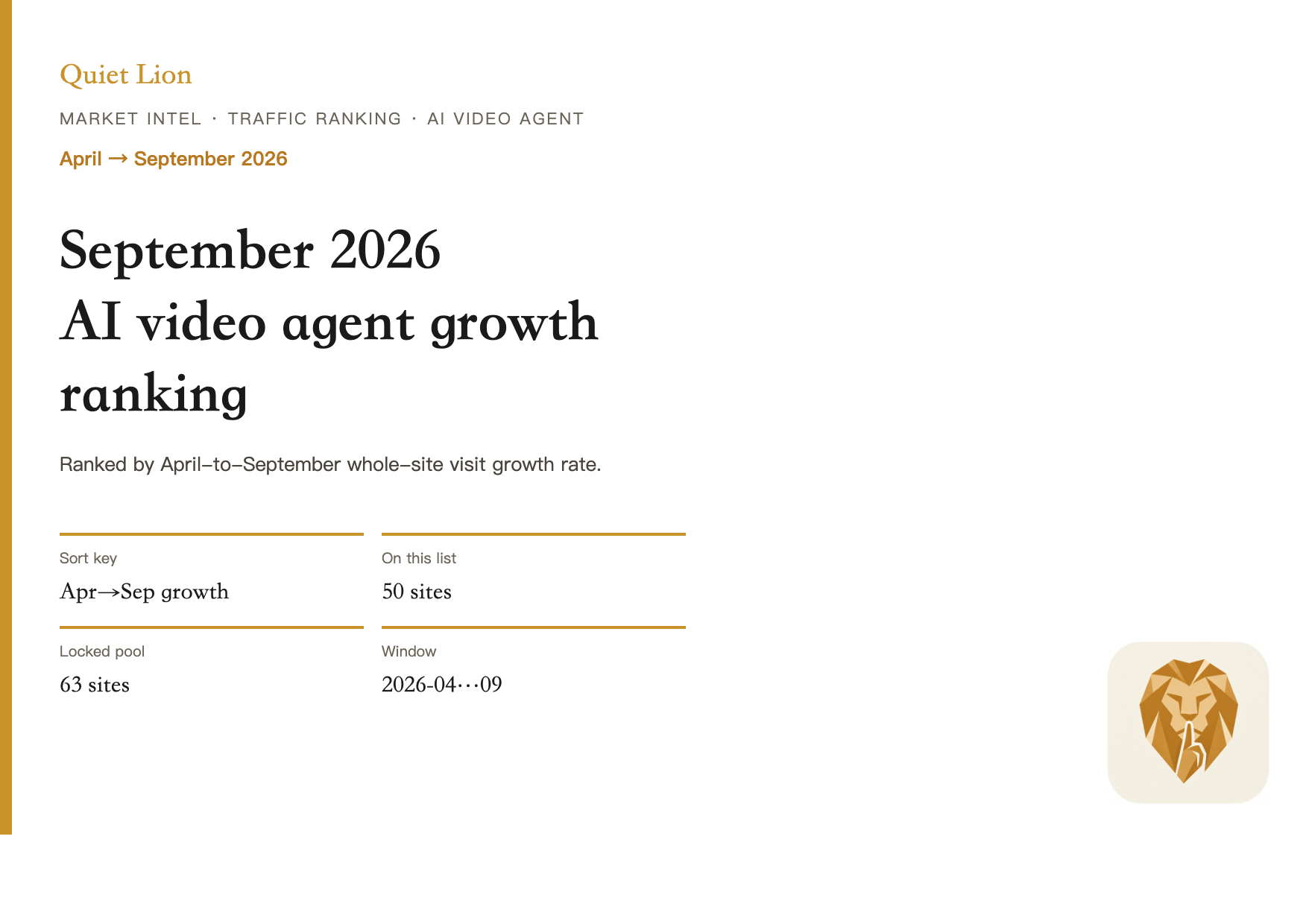 Cover of the April to September 2026 AI video agent visit growth Top 50
