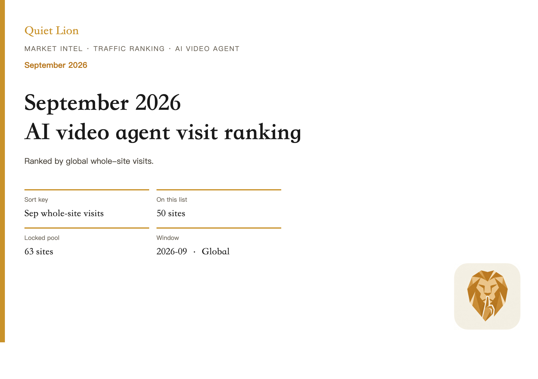 Cover of the September 2026 AI video agent whole-site visits Top 50